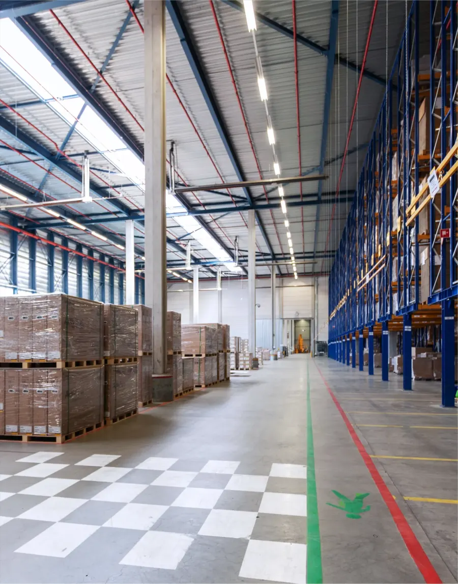 Large warehouse with stacked cartons on pallets and storage racks